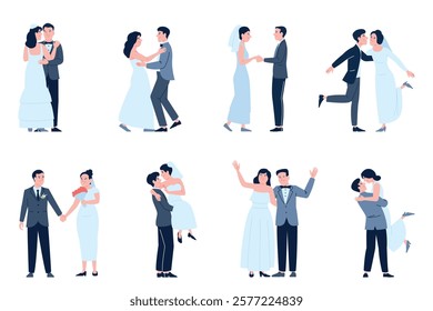 Wedding couples. Bride groom in official outfits, just married. Ceremony characters in different poses, marriage people, newlyweds recent vector set