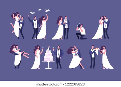 Wedding couples. Bride and groom on marriage ceremony. Getting married people characters isolated set