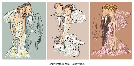 Wedding couples, bride and groom sketch set invitation vector illustration background