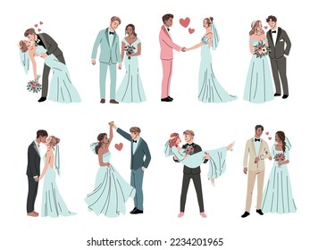 Wedding couples. Cute newlyweds kissing, hugging and dancing, grooms and brides in dresses and suits, happy romantic party, cartoon flat style isolated characters, tidy vector set