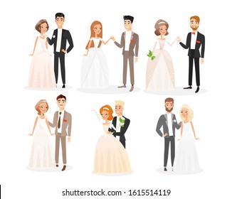 新郎新婦のキャラクターのセット 新婚者が踊り 手をつかみ 抱きしめる 結婚式の招待のエレメント カートーンスタイルのベクターイラスト のベクター画像素材 ロイヤリティフリー