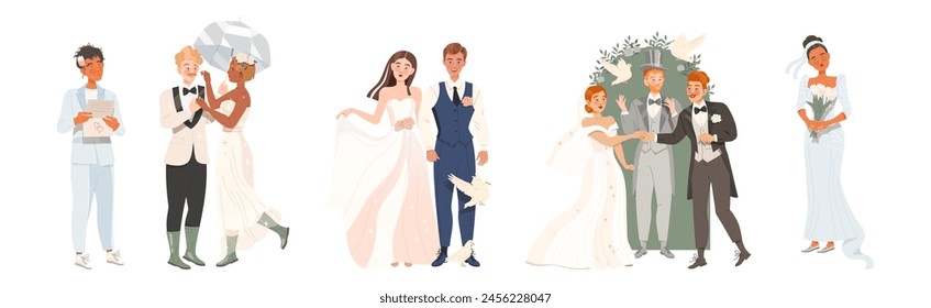 Wedding Couples with Man and Woman Bride and Groom Vector Set