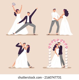 Parejas casadas hombres mujeres bailan y celebran. Vector de mujer bailando aislado, matrimonio feliz ilustración de romance