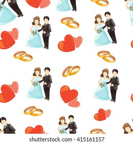 Wedding couples seamless pattern isolated on white background with heart and wedding rings