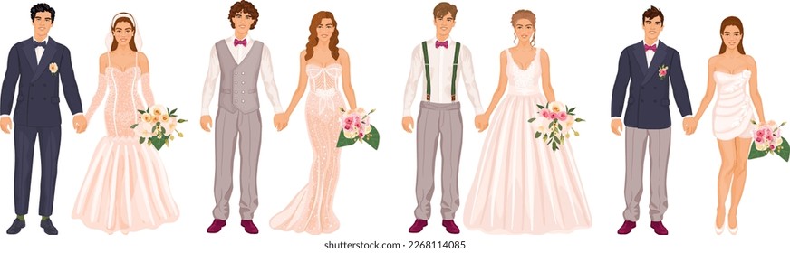 Wedding couples set, various dress styles, suits and accessories. Men and women holding hands, wedding ceremony day. Brides and grooms collection, isolated on a white background.
