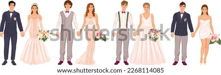 Wedding couples set, various dress styles, suits and accessories. Men and women holding hands, wedding ceremony day. Brides and grooms collection, isolated on a white background.
 Photo stock © 