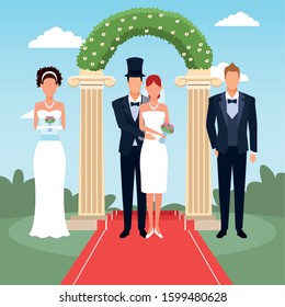 wedding couples standing over floral arch and landscape background, colorful design, vector illustration