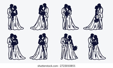 Hochzeitspaare in verschiedenen romantischen Posen und Kleider Liebe und Ehe Illustrationen