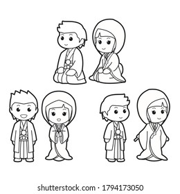 wedding couples vector cartoon illustration for a coloring book template, perfect for school education and kids themed products