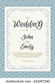 Wedding cover design template with vintage line style blue modern color background. Decoration element. Vector Illustration