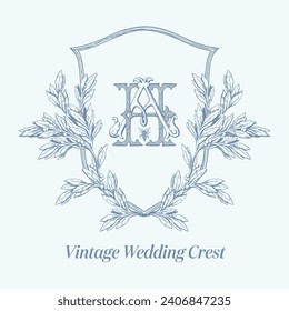 Wedding crest with AH initial vintage monogram. Antique text logo with bee vector illustration.