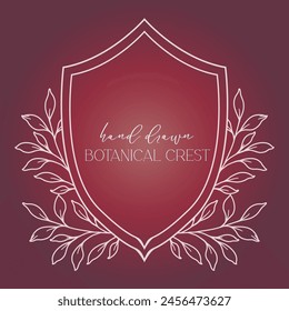 Wedding Crest floral Line Art Design. Botanical Crest Line Drawing. Greenery Line Art, Leaf and Branches Crest. Floral Frame line Art. Monogram Logo Crest