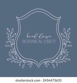 Wedding Crest floral Line Art Design. Botanical Crest Line Drawing. Greenery Line Art, Leaf and Branches Crest. Floral Frame line Art. Monogram Logo Crest