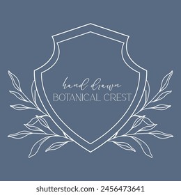 Wedding Crest floral Line Art Design. Botanical Crest Line Drawing. Greenery Line Art, Leaf and Branches Crest. Floral Frame line Art. Monogram Logo Crest