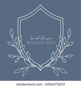 Wedding Crest floral Line Art Design. Botanical Crest Line Drawing. Greenery Line Art, Leaf and Branches Crest. Floral Frame line Art. Monogram Logo Crest