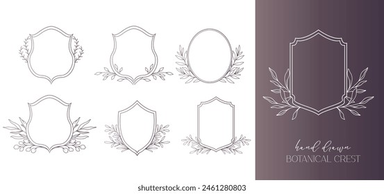 Wedding Crest floral Line Art Design. Botanical Crest Line Drawing. Greenery Line Art, Leaf and Branches Crest. Floral Frame line Art. Monogram Logo Crest 