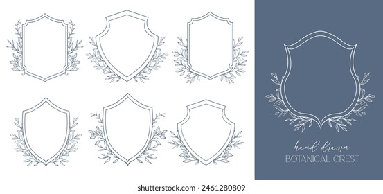 Wedding Crest floral Line Art Design. Botanical Crest Line Drawing. Greenery Line Art, Leaf and Branches Crest. Floral Frame line Art. Monogram Logo Crest 