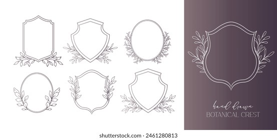 Wedding Crest floral Line Art Design. Botanical Crest Line Drawing. Greenery Line Art, Leaf and Branches Crest. Floral Frame line Art. Monogram Logo Crest 
