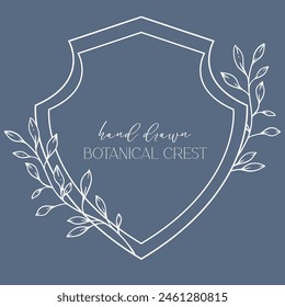 Wedding Crest floral Line Art Design. Botanical Crest Line Drawing. Greenery Line Art, Leaf and Branches Crest. Floral Frame line Art. Monogram Logo Crest