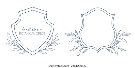 Boda Crest floral Line Art Design. Dibujo de la línea de cresta botánica. Línea de Arte Verde, Hoja y Ramas Crest. Línea de marco floral Art. Monogram Logo Crest 