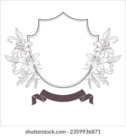 Crest de bodas con flores y hojas. Ilustración de líneas de arte.