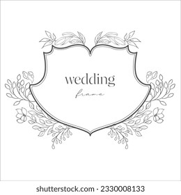 Wedding Crest with Flowers. Line Art Illustration.