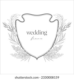 Wedding Crest with Flowers. Line Art Illustration.