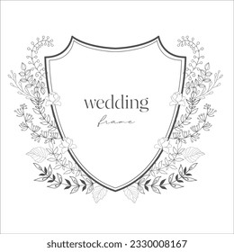 Crest de boda con flores. Ilustración de líneas de arte.