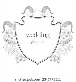 Wedding Crest with Flowers. Line Art Illustration.