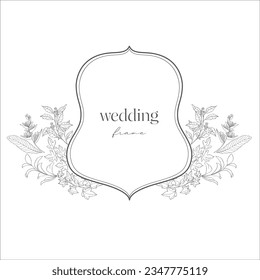 Wedding Crest with Flowers. Line Art Illustration.