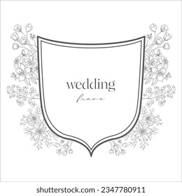 Wedding Crest with Flowers. Line Art Illustration.