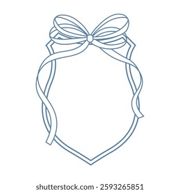 Wedding crests on white background. Minimalist outline of a shield with ribbon and bow monogram. Line art for wedding, monogram, invitation, greeting, logo, birthday cards.