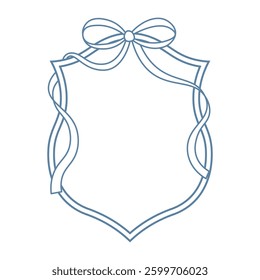 Wedding crests on white background. Minimalist outline of a shield with ribbon and bow monogram. Line art for wedding, monogram, invitation, greeting, logo, birthday cards.