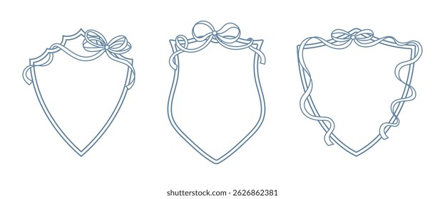 Wedding crests on white background. Minimalist outline of a shield with ribbon and bow monogram. Line art for wedding, monogram, invitation, greeting, logo, birthday cards.