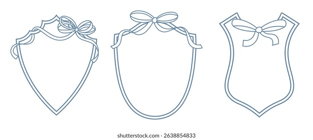Wedding crests on white background. Minimalist outline of a shield with ribbon and bow monogram. Line art for wedding, monogram, invitation, greeting, logo, birthday cards.