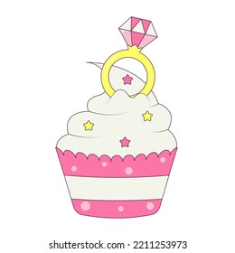 Wedding Cupcake With Cream And Diamond Ring Bachelorette Party Temporary Sticker Or Badge