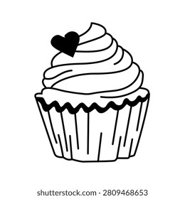 Wedding Cupcake Line Icon. Bridal Dessert Celebration Symbol. Editable Stroke. Isolated Vector Illustration. Wedding Cupcake Hand Drawn Doodle Icon Vector Illustration. Cupcake Heart Wedding Doodle Outline Icon Line Art. Wedding Sweet Cupcake Vector Line Icon. Editable Stroke. Isolated Vector Illustration.