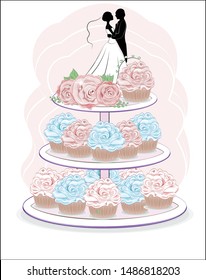 wedding cupcakes with white, pink, blue cream, rose, and bride and groom, food presentation for a wedding