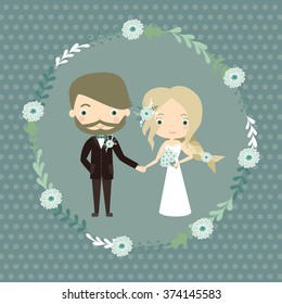Wedding. Cute bride and tender flowers and herbs. Vector illustration 