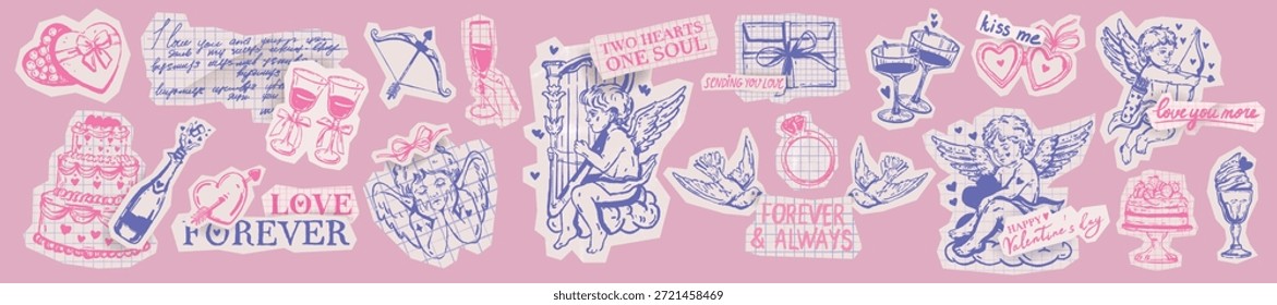 Conjunto de doodle lindo de Boda, pegatinas de vacaciones de San Valentín dibujadas a mano, objetos de diseño de collage de scrapbook. Línea de ilustración romántica caprichosa, personaje de dibujos animados cupido, champán. Boda doodle gráfico