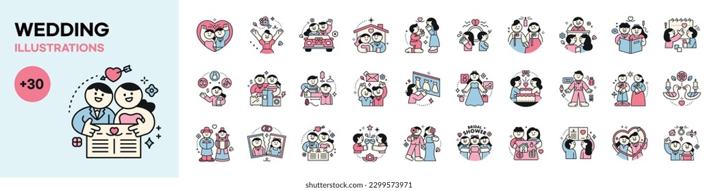 wedding.  Cute groom and bride character concept collection mega set. Vector illustration with outlines.