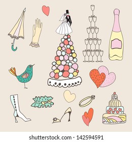Wedding cute hand drawn doodle icon set, wedding sketchy illustration