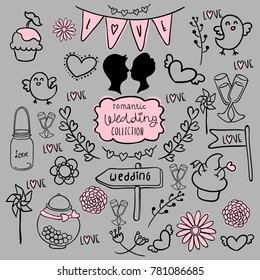 wedding cute pastel collection with elements. Vector hand drawn illustration