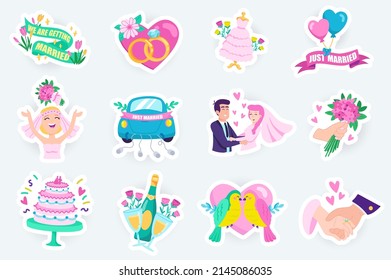 Wedding cute stickers set in flat cartoon design. Bundle of marriage, heart, ring, dress, bride and groom, balloon, bouquet, car, love and other. Vector illustration for planner or organizer template