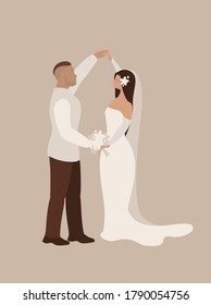 Wedding dance of the bride and groom in full growth on a vertical poster, in a wedding dress in profile, vector illustration template for design