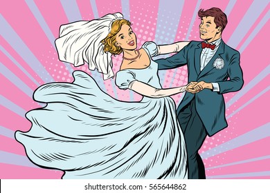 Wedding dance bride and groom. Pop art retro vector illustration. Loving couple man and woman