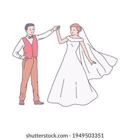 Wedding dance of groom and bride scene sketch vector illustration isolated.
