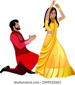 Danza casera de pareja india Novia y novio en hermosos trajes de boda tradicionales Novia en color dorado sari Groom tiene el moderno color burdeos kurta Vector