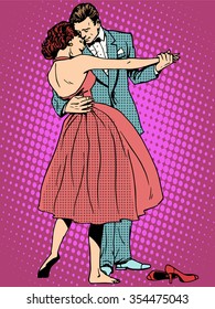 Los amantes de la danza bodas, hombre y mujer, el arte pop estilo retro. Sentir emociones romance. Tonos de música de arte. Chica y matrimonio. Baile de pareja