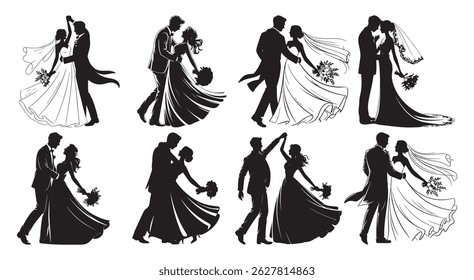 Wedding Dance Silhouette Collection – Romantic Couple Dancing Vector Illustration